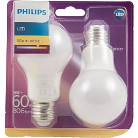 Λάμπα PHILIPS LED 8W A60 E27 (2τεμ.) θερμό φως