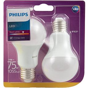 Λάμπα PHILIPS LED 11W A60 E27 θερμό (2τεμ.)