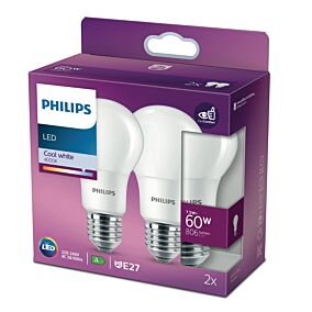 Λάμπα PHILIPS LED 7,5W A60 E27  λευκό φως (2τεμ.)