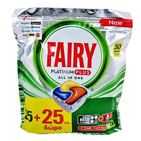 Απορρυπαντικό FAIRY platinum plus λεμόνι πλυντηρίου πιάτων, σε κάψουλες (25+25τεμ.)